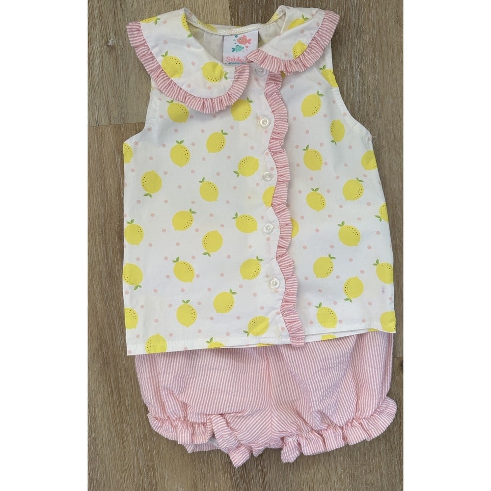 Stitchy Fish Girls 24M Lemon Print Bloomer Set Pink Seersucker Ruffle Collar